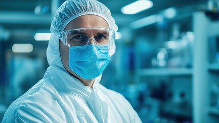 Scientist in protective gear, focused expression, soft light, blurred lab background; dedication to scientific discovery in action.

