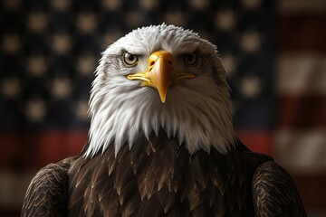 Obraz premium Bald Eagle Showcases Strength and Majesty Against an American Flag Backdrop
