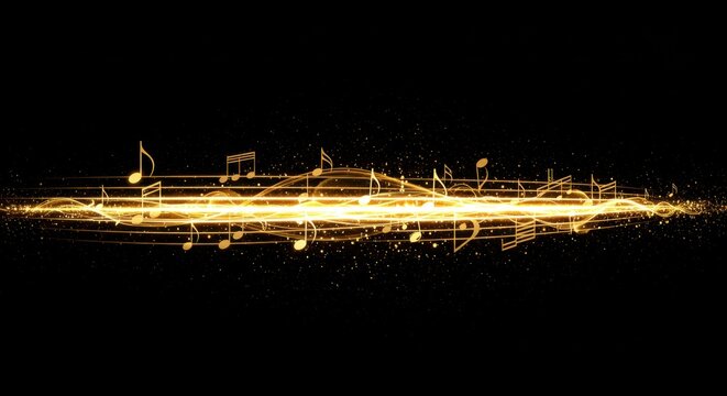Golden musical notes floating on a light beam against a black background creating a vibrant effect