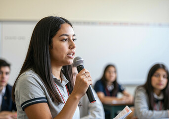 Confident young student making a presentation in class, speaking into a microphone