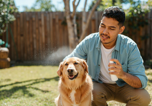 Man spraying his golden retriever dog with a flea and tick repellent spray while crouching in the backyard on a sunny day