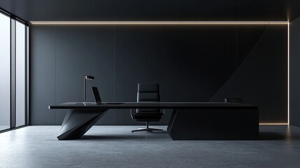Modern dark office interior with desk, chair, and window.
