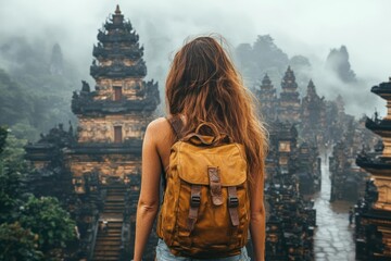 Woman backpacker exploring ancient temple ruins in misty landscape