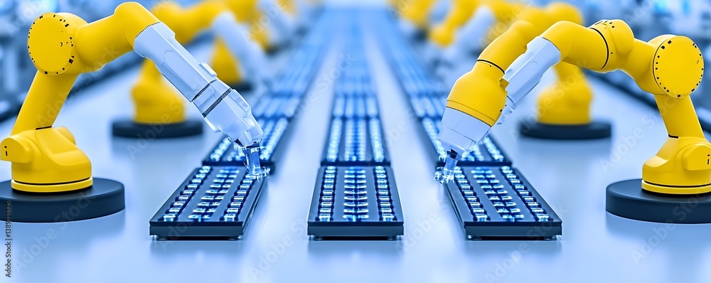 Poster automated robotic arms assembling multiple computer keyboard products efficiently