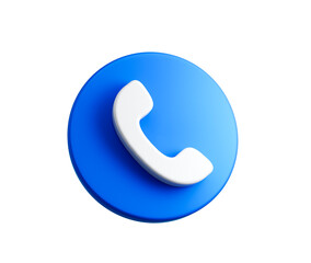 3D Blue button with a white phone icon, symbolizing calls and customer service, 3d illustration