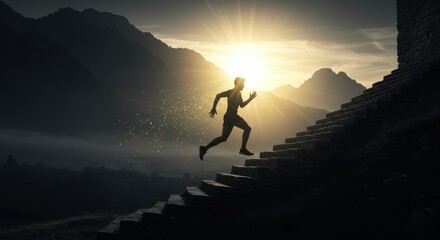 Silhouette of a man running up stairs against a backdrop of mountains and a bright sun shining through