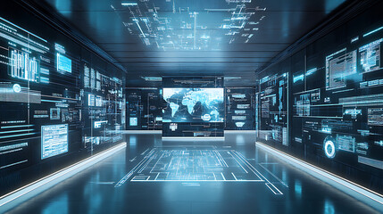 An AI powered cybersecurity simulation lab, virtual reality interface visualizing network threats, Cybersecurity style