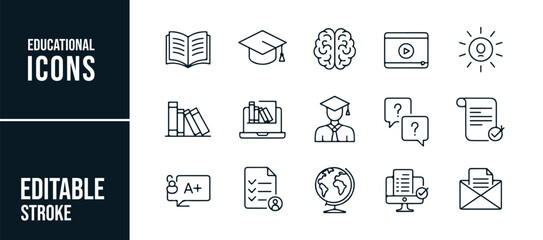 Set of Educational Icons Including Graduation, Brain, Books, and Learning Tools in Editable Stroke Style