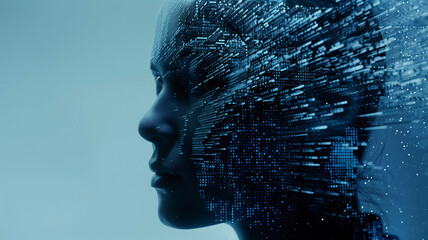 This futuristic representation of human evolution through biotech, showcasing DNA and data integration.