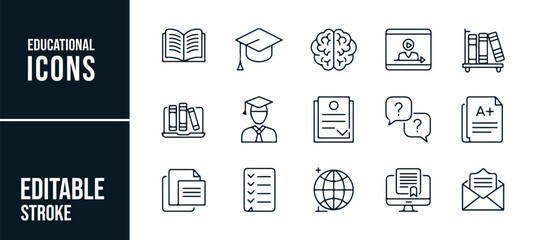 A Collection of Educational Icons Featuring Graduation, Brain, Books, and Learning Tools in Editable Stroke Style