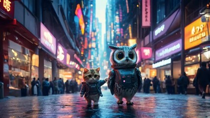 A cute kitten and owl, both in futuristic gear, stroll down a vibrant, neon-lit city street at night. The wet pavement reflects the city's dazzling lights. - Powered by Adobe