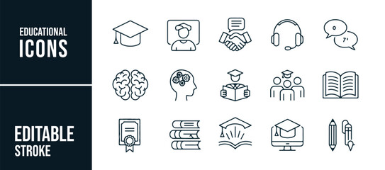 A collection of educational vector icons, including graduation caps, books, brain, study materials, communication, and team collaboration symbols. Perfect for e-learning, education