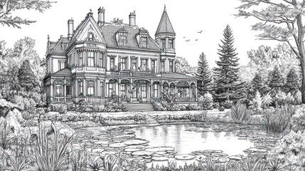 Elegant Victorian Mansion by Pond, Detailed Sketch, Garden Setting, Stock Image