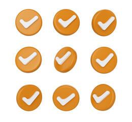 3D Set of Orange icons with a white checkmark symbol, 3d illustration