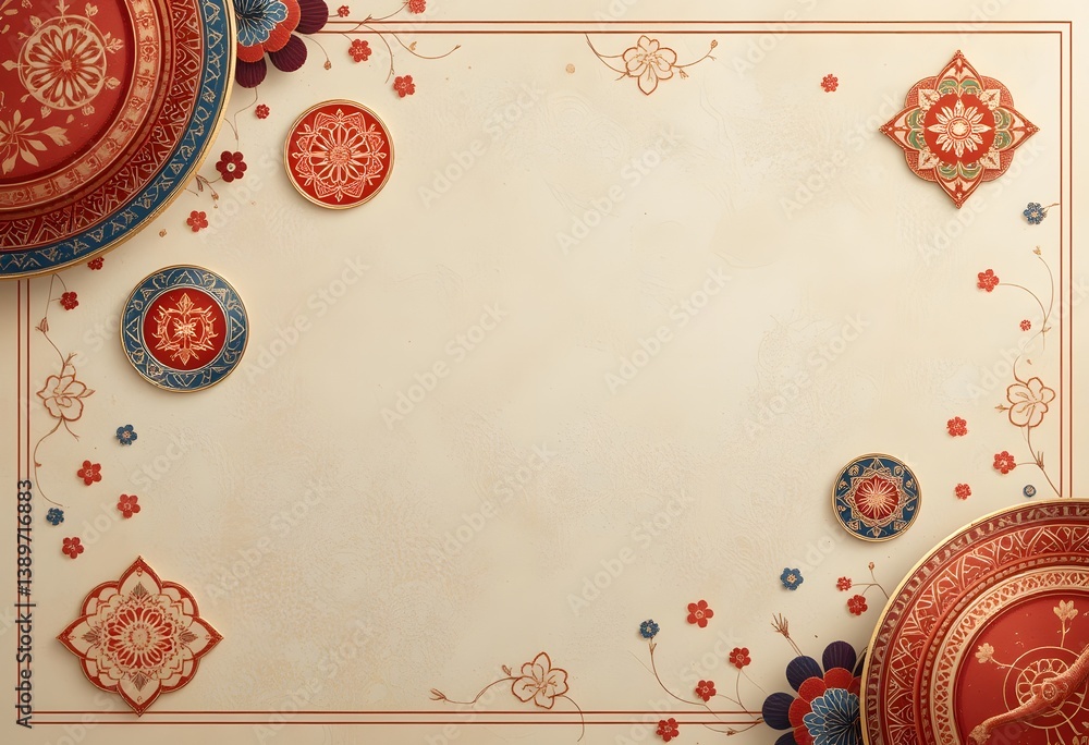 Poster elegant beige backdrop, with red snake motif, surrounded by cultural circles and geometric patterns.