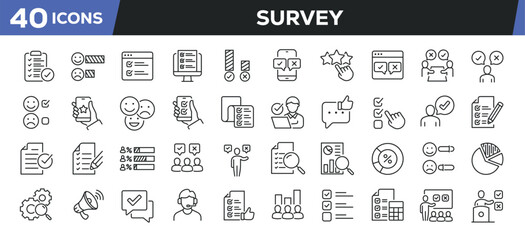 Survey icons set. Web line icons collection related review, quality, opinion, quiz. Editable stroke. Perfect pixel vector illustration isolated on white background.