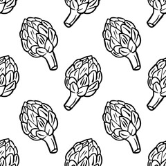 Seamless pattern of hand-drawn vector artichokes on a white background.
