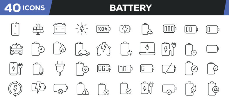 Battery icons set. Web line icons collection related power, energy, charging. Editable stroke. Perfect pixel vector illustration isolated on white background.