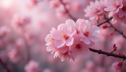 Obraz premium Delicate pink cherry blossoms blooming in soft sunlight a serene spring scene nature s beauty