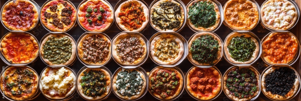 Poster Overhead arrangement of colorful pizzas featuring diverse toppings creating a vibrant chessboard pattern