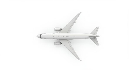Aerial view of a white passenger airplane flying against a bright white clear sky background today