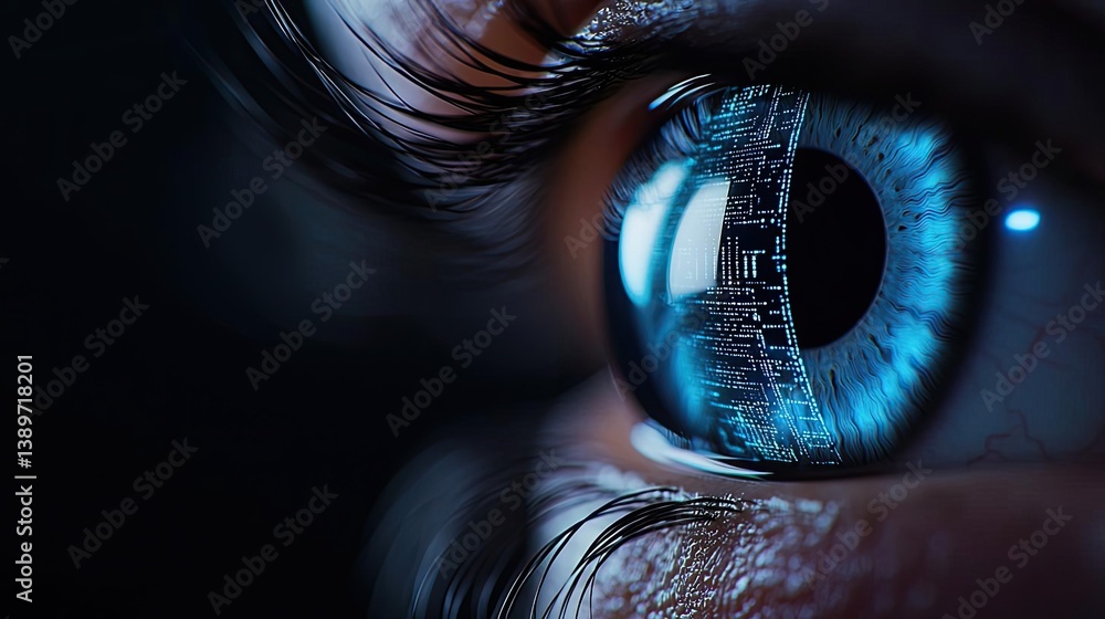Poster close-up human eye linked to artificial biotechnology interface concept. close-up of an eye with dig
