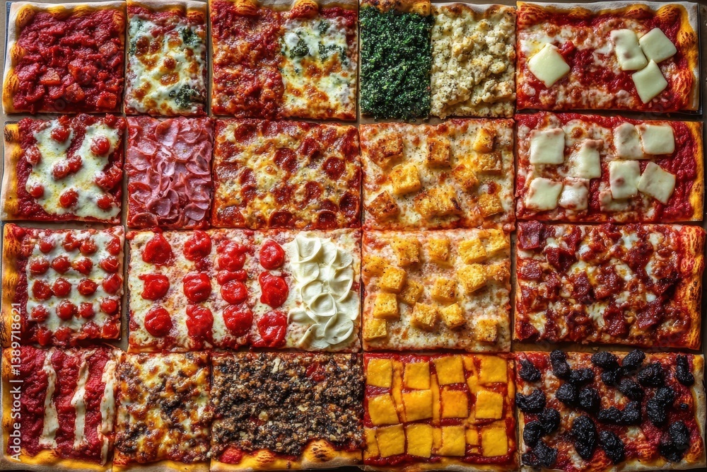 Poster Overhead view of colorful pizzas arranged in a chessboard pattern showcasing diverse toppings and vibrant sauces