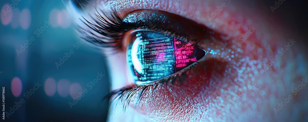 Poster close-up human eye linked to artificial biotechnology interface concept. close-up of a futuristic ey