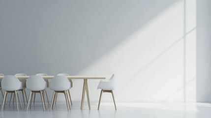 Modern dining area with natural light. Interior design of minimalist space. Possible use Stock photo for architecture, home decor magazines, or websites