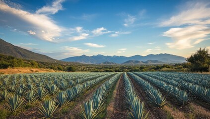 Vast agave fields stretch across a valley, framed by mountains under a vibrant sky