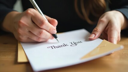 hand writing thank you note with pen on white card. expression of gratitude and appreciation. personal communication and correspondence. greeting card, stationery design, gift inclusion.