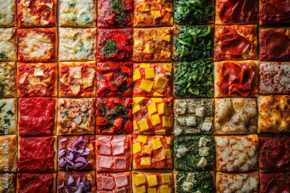 Poster colorful overhead arrangement of pizzas in a vibrant chessboard pattern with various toppings and sa