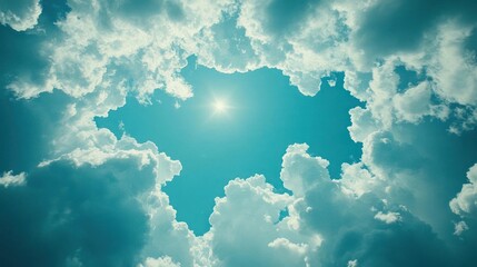 A bright sun peeking through fluffy clouds