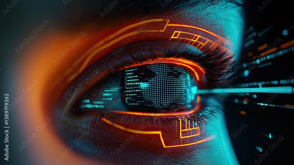 Aufkleber close-up human eye linked to artificial biotechnology interface concept. futuristic eye design showc