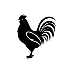 A black and white vector silhouette of a rooster standing tall with a prominent comb and arched tail on a white background