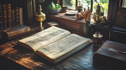 Antique book open on wooden desk, sunlit window
