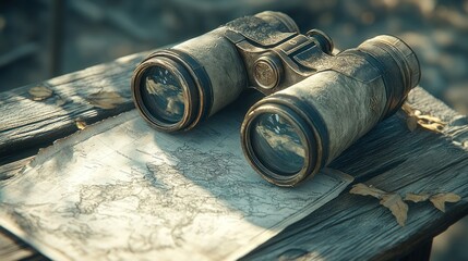 Antique binoculars and map on weathered wooden table