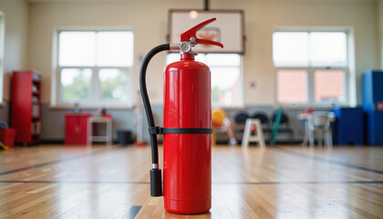 Fire extinguisher positioned in school gym, safety preparedness