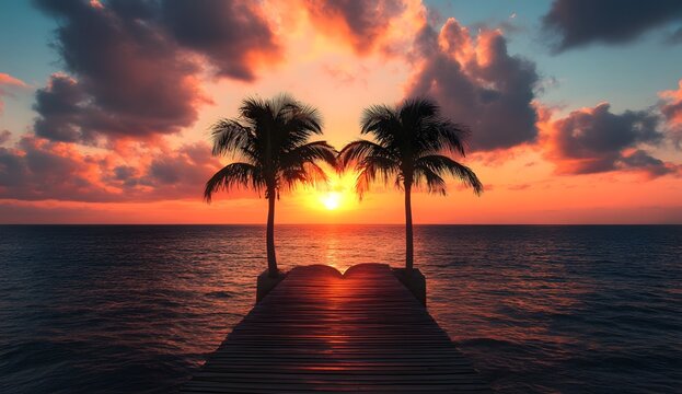 Tropical sunrise over a wooden pier