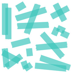 Set of blue semi-transparent washi tapes isolated on white. Tapes collection in vector. Pieces of decorative tape for scrapbooks. Torn paper. Turquoise