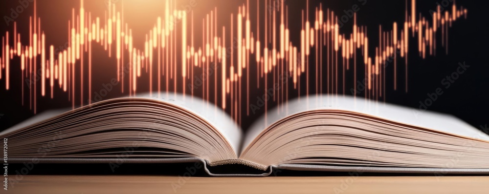 Poster open book revealing stock market history with technology concept. open book with data visualization 