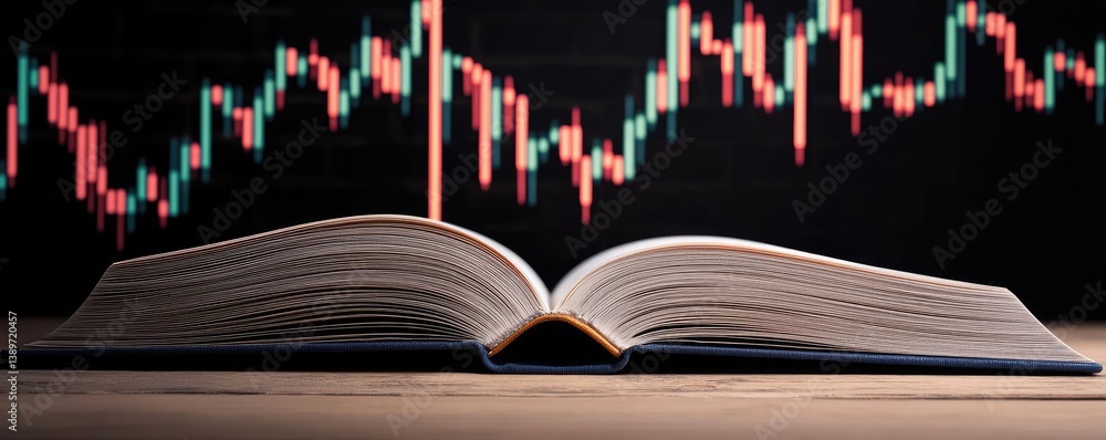 Poster open book with digital lights chart revealing financial technology concept. an open book on a table 