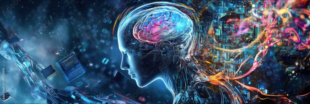 Poster Vivid illustration showcases synergy of AI with robot, microchip, and digital brain on holographic platforms in a futuristic setting