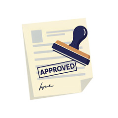 A cream-colored document with a blue stamp showing 'APPROVED' on it, isolated white and transparent background; concept for business approval, official document, contract, and legal process