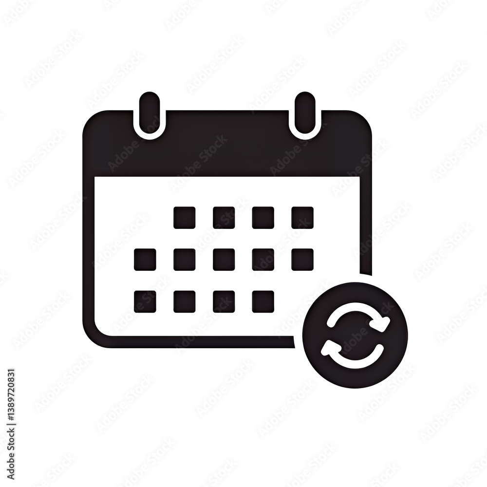 Poster dark calendar icon with refresh symbol on isolated white and transparent background, concept for sch