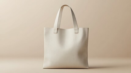 Studio shot of a minimalist cream-colored tote bag with matching handles