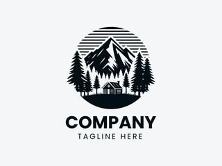 Rustic cabin silhouette nestled among pine trees with mountain backdrop. Wilderness retreat logo