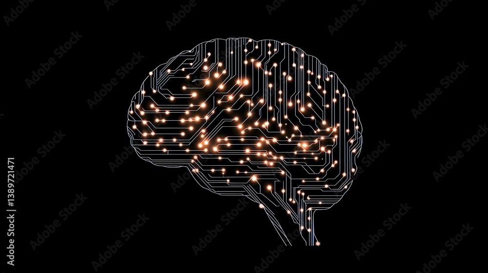 Poster digital brain silhouette with glowing orange connection points on circuit paths against black backgr
