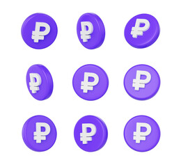 3D Render of a Purple coins featuring a white ruble symbol on its surface, 3d illustration