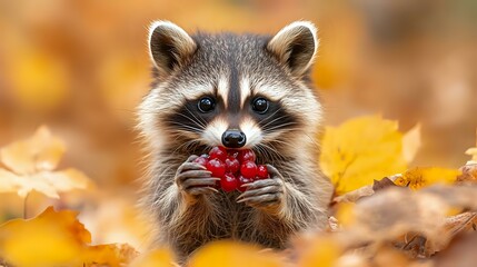 Obraz premium Adorable raccoon holding red berries among golden autumn leaves, looking directly at camera with bright eyes and expressive face. Wildlife in fall season setting.